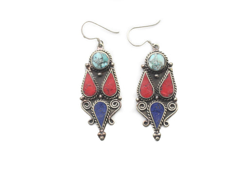 Inlaid Tribal Design Handmade White Metal Dangle Earrings - nepacrafts