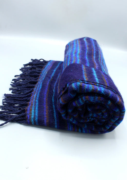Deep Blue and Turquoise Striped Large Yak Wool Shawl