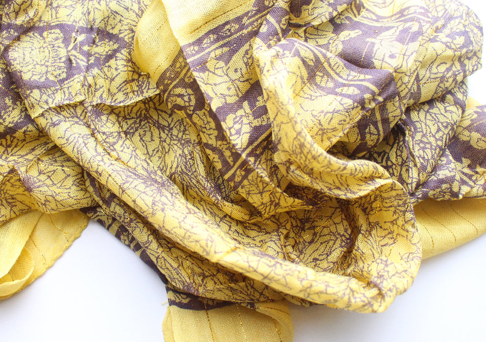 Yellow and Marron Cotton Summer Scarf with Flower Print - nepacrafts