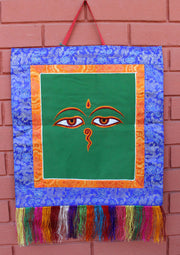Buddha Eyes Embroidery Brocade Framed Wall Hanging - nepacrafts