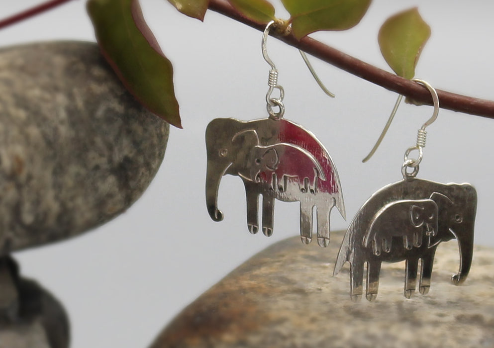 Baby and Mother Elephant Sterling Silver Earrings - nepacrafts