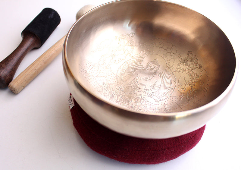 Ratnasambhav with Dragon Carved Hand Hammered Singing Bowl 8" - nepacrafts