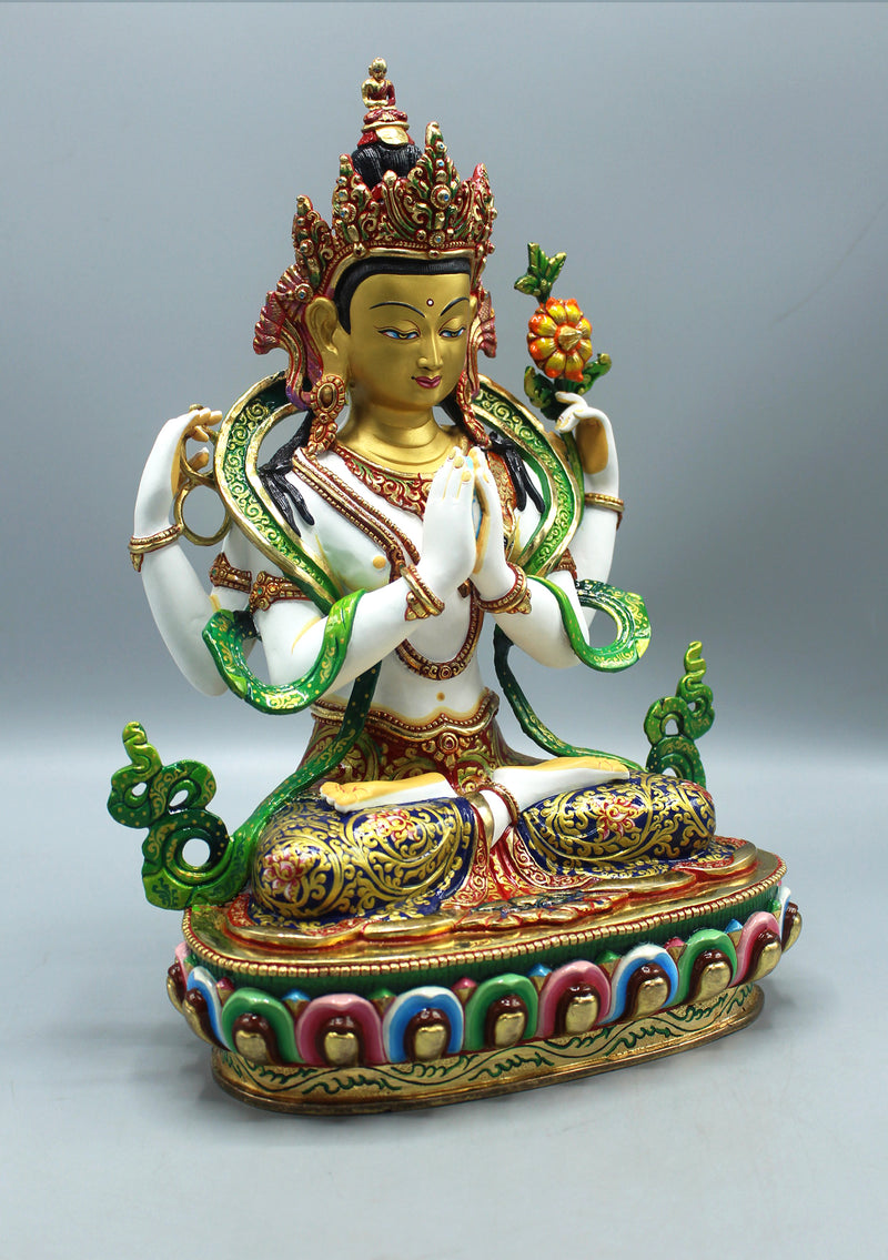 Masterpiece Gold Plated Four Armed Chenrezig Statue 13" High
