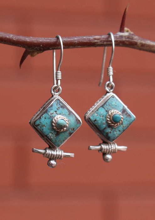Inlaid Turquoise and Lapis Sterling Silver Earrings - nepacrafts