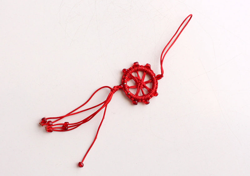 Beautiful Dharmachakra Car Hanging Amulet Decorated with Glass Beads - nepacrafts