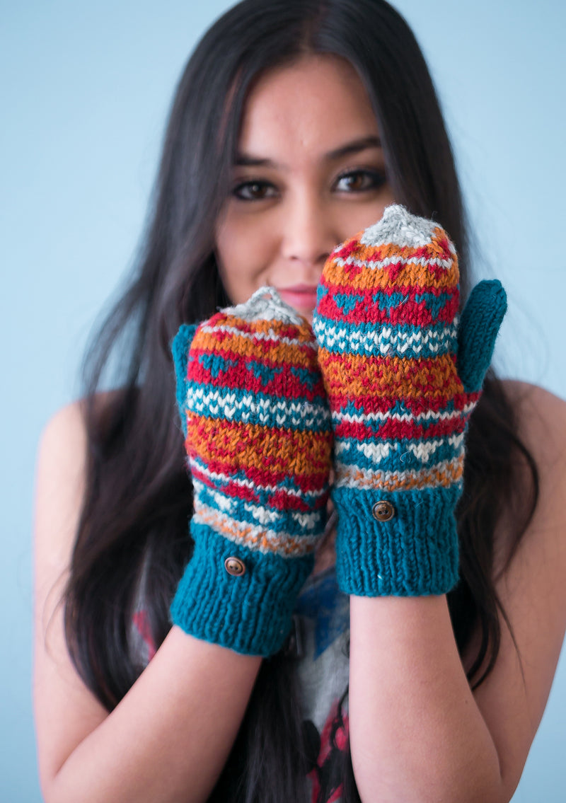 Hand knit Multicolor Woolen Convertible Mittens (Blue Mix WO24G)