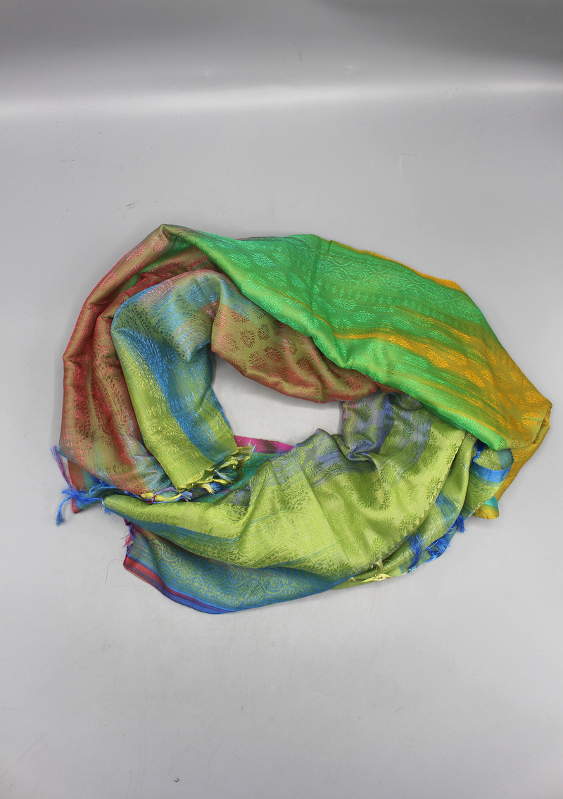 Silk Mixed Polyester Green Mixed Multi Color Shawls with Furka