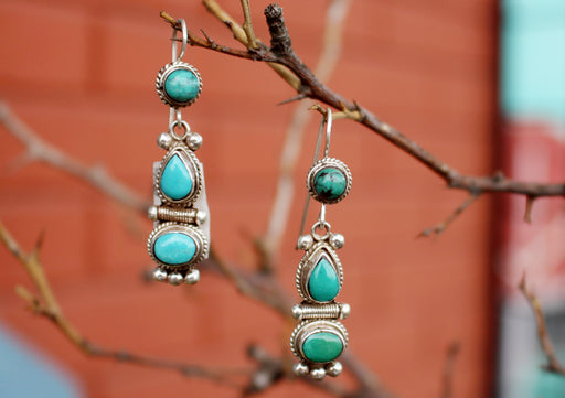 Turquoise Inlaid Traditional Flower Drop Silver Earrings - nepacrafts