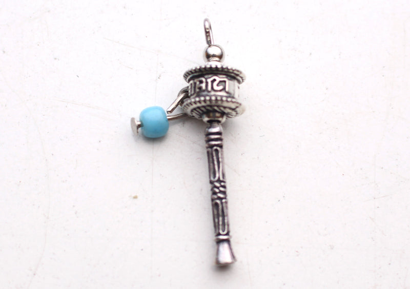 White Metal Om Mani Prayer Wheel Pendant - nepacrafts