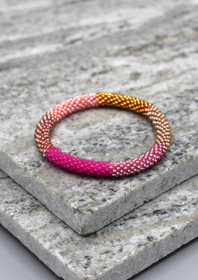 Royal Pink and Multi Colors Strips Glass Beads Bracelet