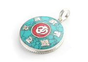 Hindu Om with Tibetan Mantra Inlaid White Metal Pendant - nepacrafts