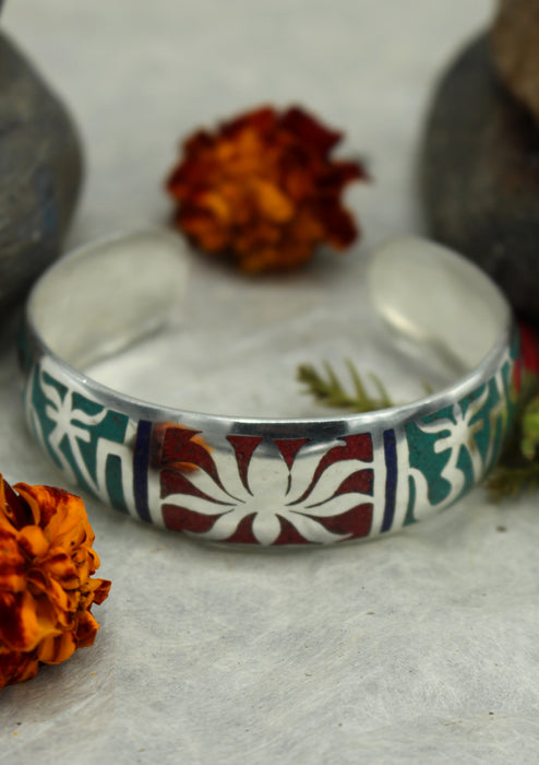 Tibetan OM and Lotus Etched Silver Plated Cuff Bracelets