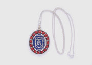 Coral Inlaid Buddha Eyes and Tibetan Om Painted White Metal Pendant - nepacrafts