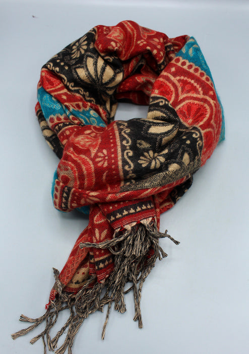 Black Lotus Design Red and Turquoise Multi Color Yak Wool Shawl