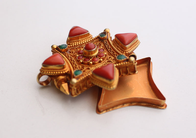 Gold Plated Silver Sterling Double Dorjee Tibetan Ghau Pendant with Coral Stone - nepacrafts