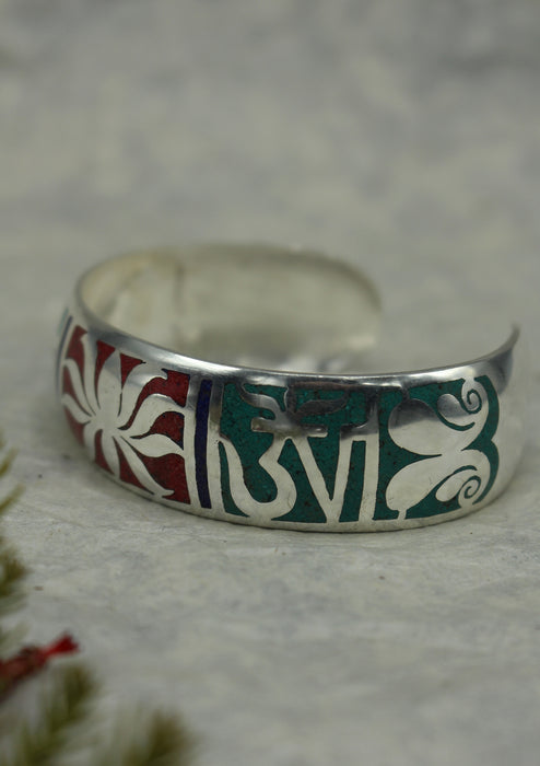 Tibetan OM and Lotus Etched Silver Plated Cuff Bracelets