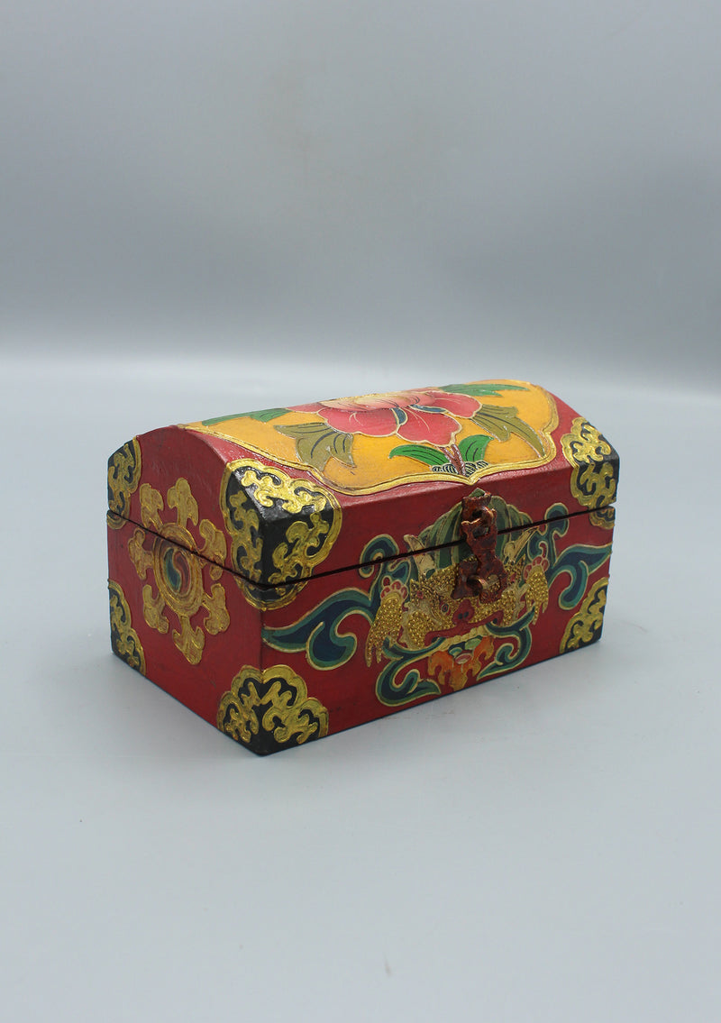 Handcrafted Painted Lotus Flower Tibetan Wooden Treasure Box