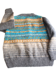 Aqua Blue and Mustard Lining Hand Knitted Pure Woolen Cardigan Sweater - nepacrafts