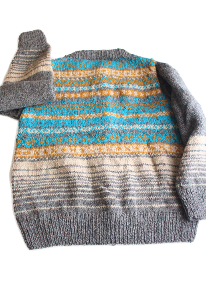Aqua Blue and Mustard Lining Hand Knitted Pure Woolen Cardigan Sweater - nepacrafts