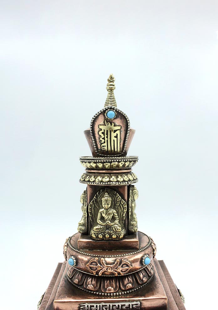 Copper Dhyani Buddhas Stupa Chorten with KalaChakra Symbol Incense Burner 9" High