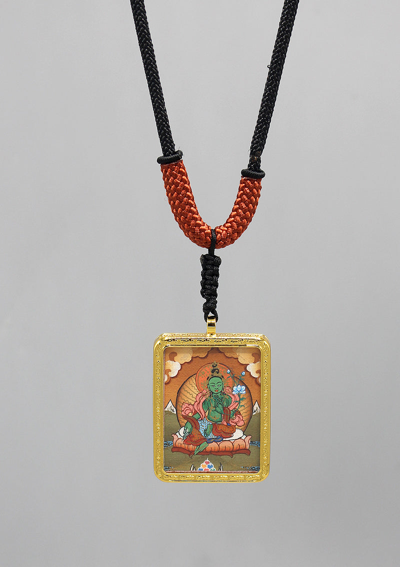 Tibetan Deities Green Tara Hand Painted Mini Thangka Amulet Pendant