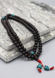 Black Rosewood Tibetan Prayer Mala with Turquoise Counter - nepacrafts