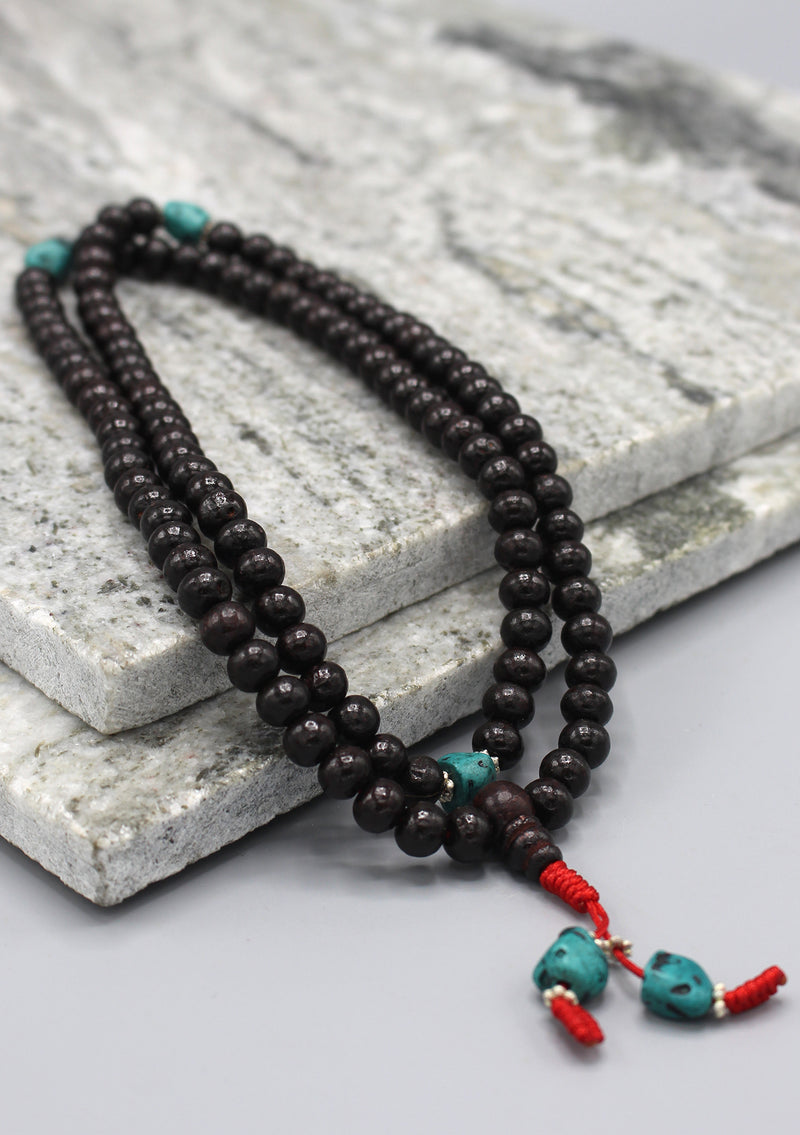 Black Rosewood Tibetan Prayer Mala with Turquoise Counter - nepacrafts