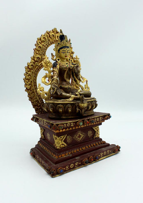 Gold Plated Copper Green Tara Statue with Base Stand 9.5 Inch