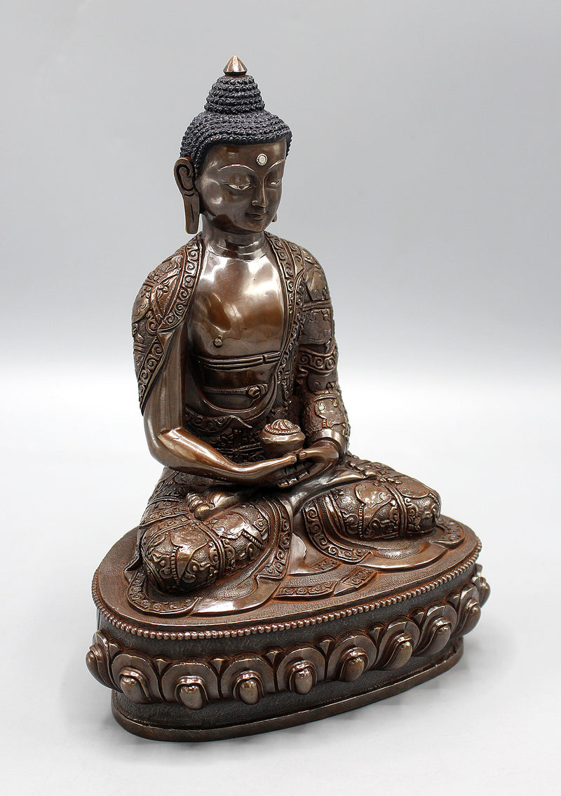 Copper Oxidized Amitabha Buddha Statue with Conch Carved