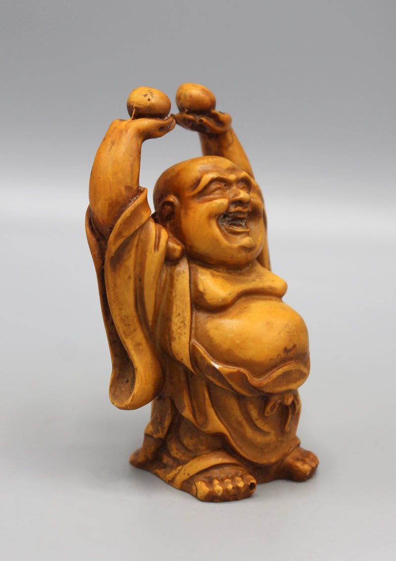 Brown Laughing Buddha Raising Both Hand Resin Statue - nepacrafts