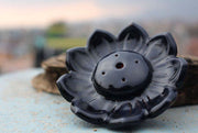 Glossy Black Ceramic Incense Holder in Flower Pattern - nepacrafts