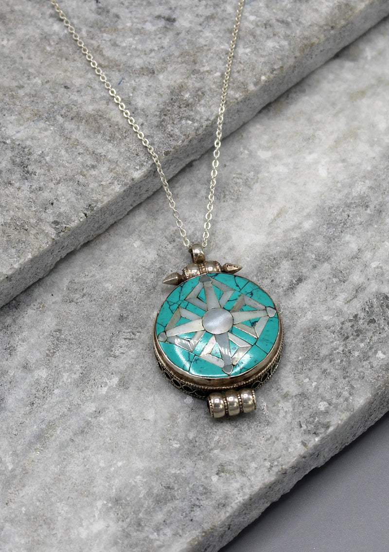 Turquoise Inlaid Double Dorjee Sterling Silver Ghau - nepacrafts