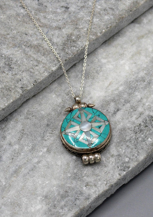 Turquoise Inlaid Double Dorjee Sterling Silver Ghau - nepacrafts