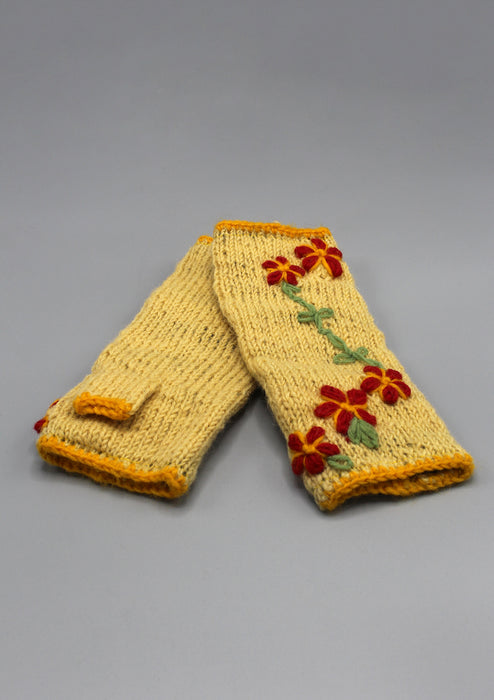 Yellow Color with Red Flower Patchwork Finger less Gloves /Hand Warmers