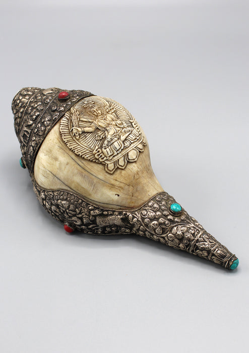 Manjushree Carving Tibetan Conch Shell Turquoise and Coral Inlaid - nepacrafts