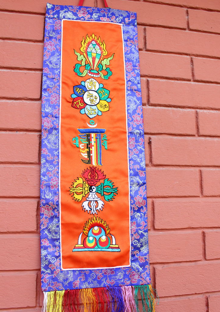 Tibetan Five Symbol Embroidered Polyester Wall Hanging Banner - nepacrafts