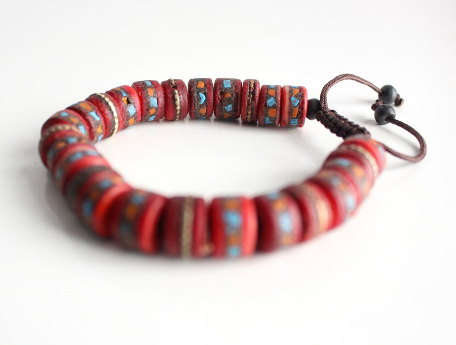 Red Inlaid Flat Bone Beads Bracelet - nepacrafts