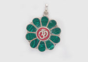 Om Embossed Inlaid Flower White Metal Pendant - nepacrafts
