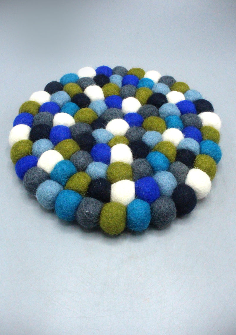 Royal Blue Multi  Colored Felt Ball Round Trivet