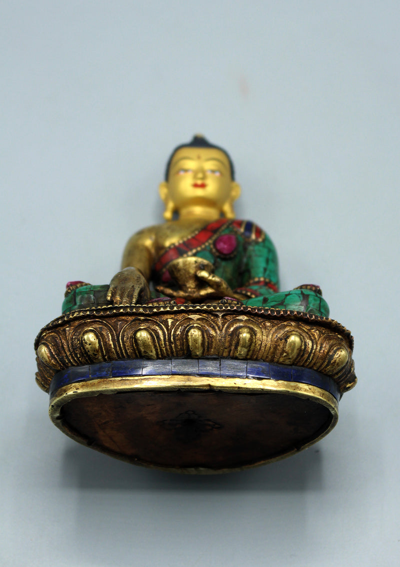 Face Painted Ruby and Emerald Inlaid Shakyamuni Buddha Statue 5.5"