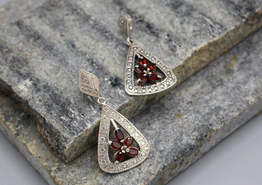 Fine Carving Garnet Inlaid Sterling Silver Dangle Earrings - nepacrafts