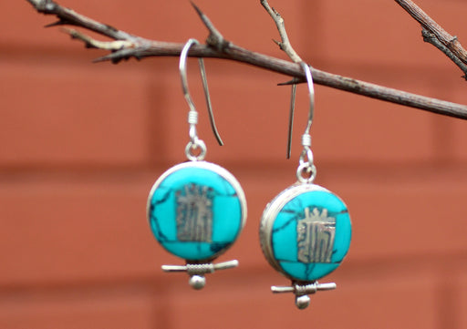 Tibetan Kalachakra Turquoise Inlaid Silver Earrings - nepacrafts