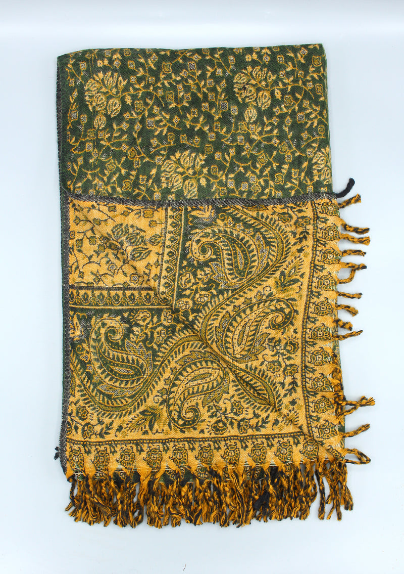 Handloomed Floral Leaves Green Yak Wool Shawl