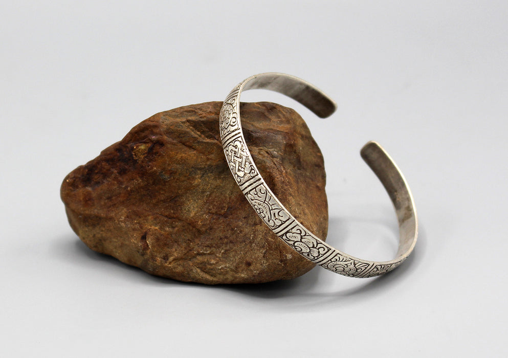 Auspicious Symbol Carving Tibetan Sterling Silver Bracelet - nepacrafts
