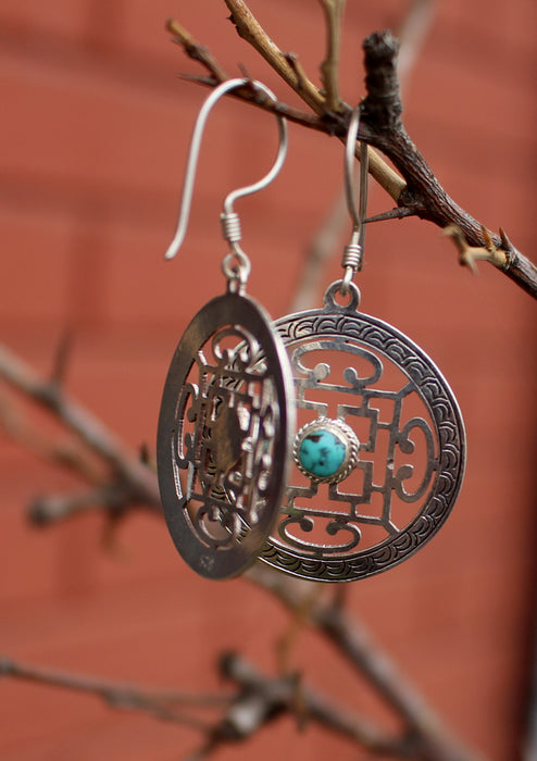 Tibetan Mandala Inlaid Turquoise Silver Sterling Earrings - nepacrafts