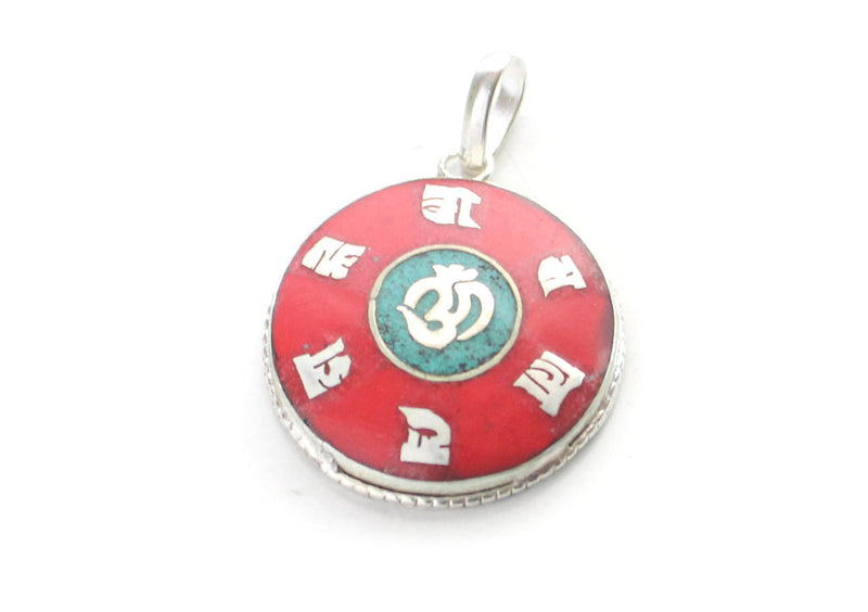 Hindu Om with Tibetan Mantra Inlaid White Metal Pendant - nepacrafts