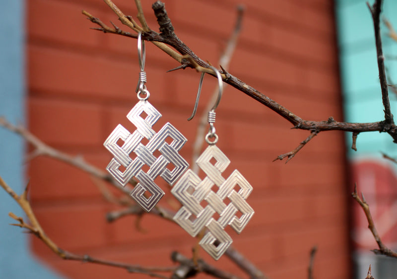 Tibetan Eternal Knot Silver Earrings - nepacrafts