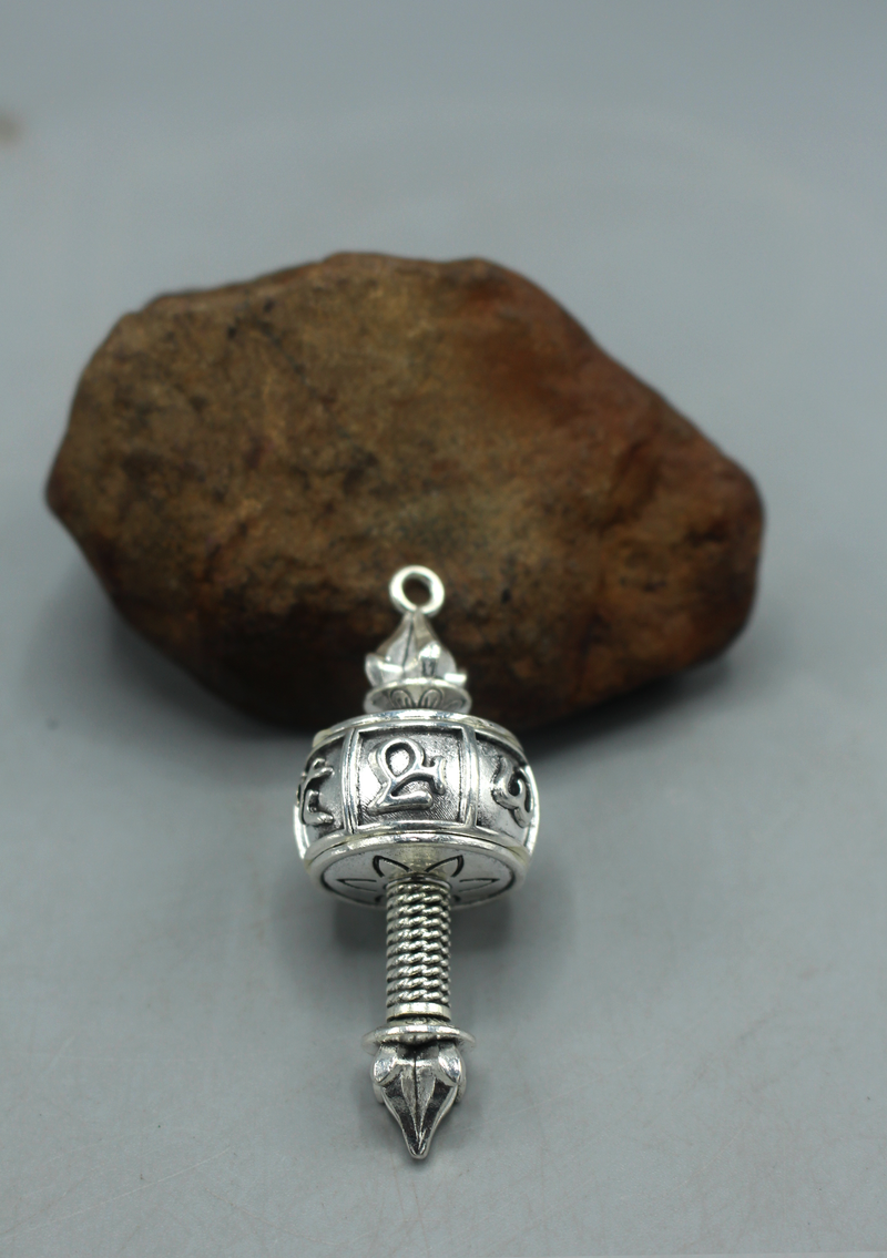 Om Mani Prayer Wheel White Metal Pendant