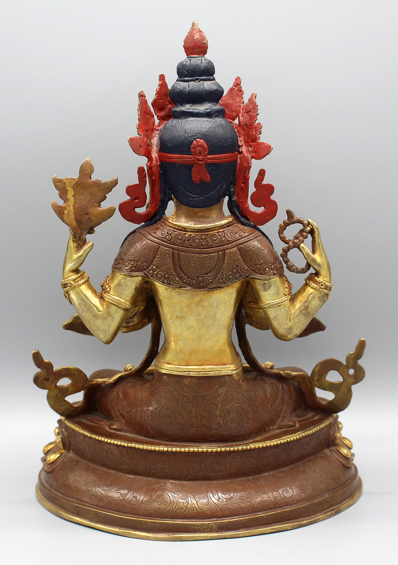 Gold Plated Masterpiece Chenrezig Statue 13" with Intricate Floral Motifs - nepacrafts