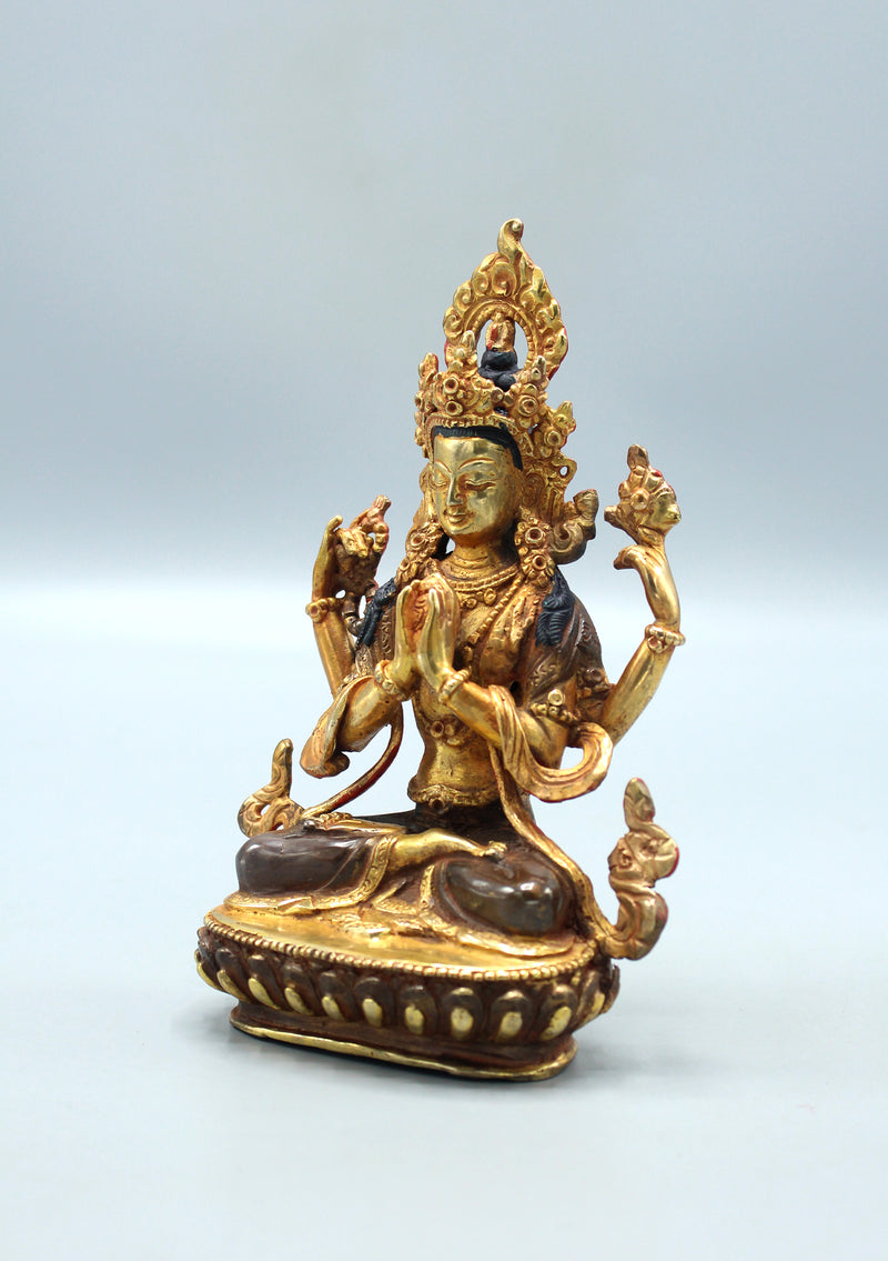 Partly Gold Plated Four Armed Chenrezig Statue 6.5"